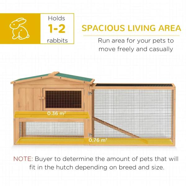 Wooden hutch with open run area, wire mesh panels, and slide-in measurement window