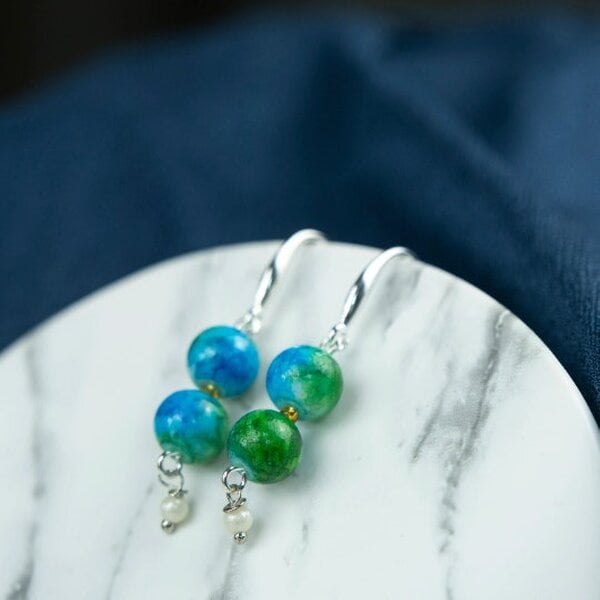 The Colourful Aura Colourful Orange Double Marble Pearl Double Simple Pearl Dangle Dainty Earrings - Green - Green