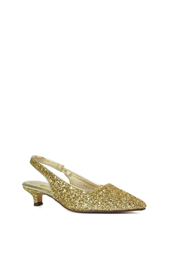XY LONDON Pointed Toe Glitter Slingback Kitten Heel Court Shoes