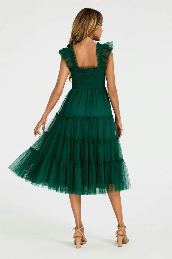 FS Collection Sleeveless Smocked Ruffle Tulle Dress In Forest Green