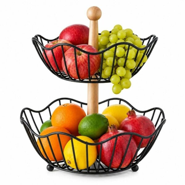 Dyzi 2 Tier Metal Wire Fruit Basket Countertop Stand Bamboo Handle Black