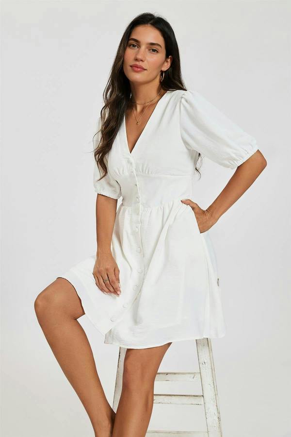 FS Collection Puff Sleeve Button Down Mini Dress In White