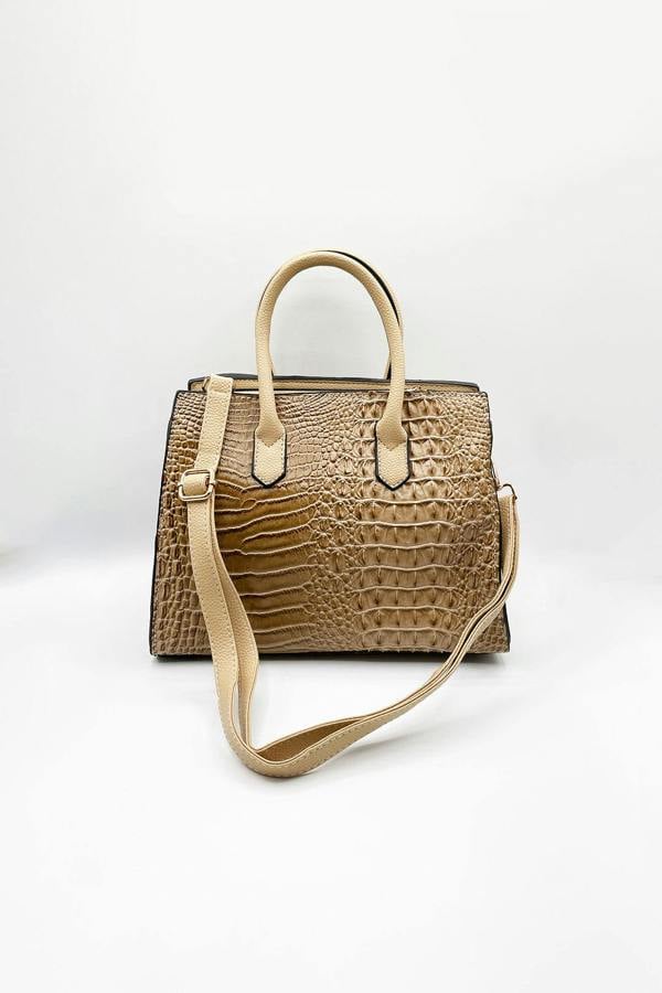 SVNX Crocodile-Print Handbag in Beige
