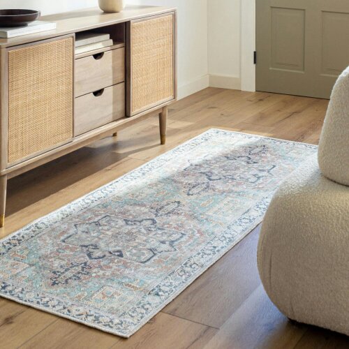 Livabliss Kemer KMR2307 Washable Green Blue Brown Traditional Vintage Boho Rug - 80 x 220 cm