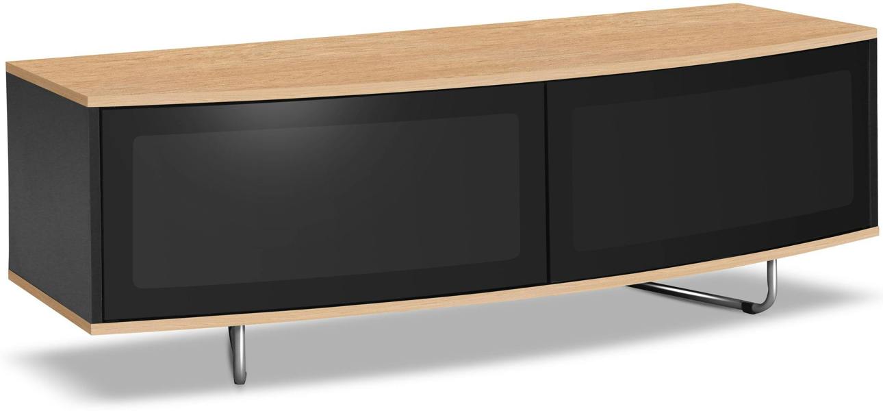 Homeology Caru Gloss Black and Gloss Oak Beam-Thru Remote Friendly Super-Contemporary "D" Shape Design 32"-65" LED/OLED/LCD TV Cabinet