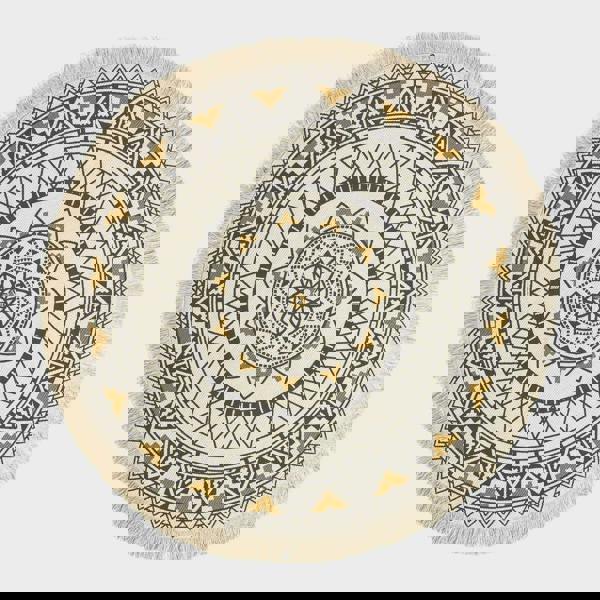 HOMESCAPES Black & Gold 100% Cotton Mandala Printed Round Rug