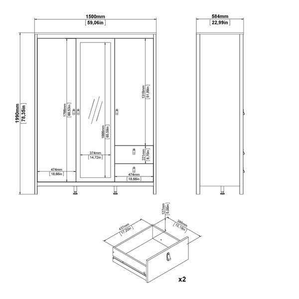 Wyld Haus Gossmere White Wardrobe 3 Doors 2 Drawers