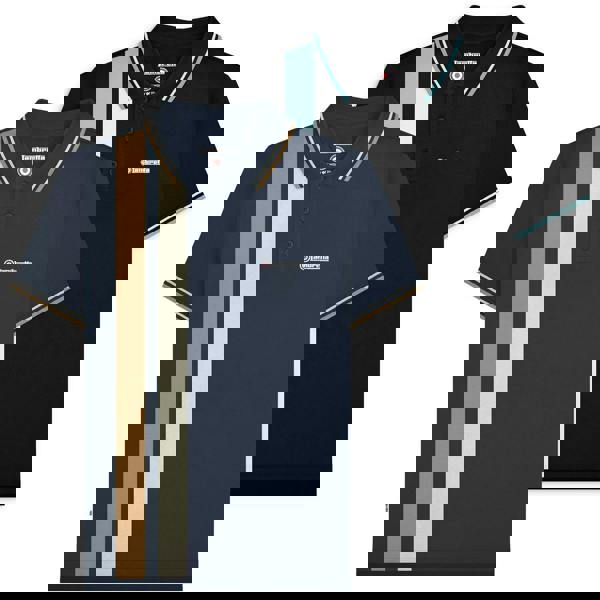 Lambretta Mens Vertical Stripe Classic Mod Ska Casual Smart Polo, image of two polo shirts with vertical stripe patterns and embroidered Lambretta logo.