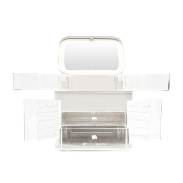 The Rio Ultimate Beauty Storage Box With Dimmable Mirror features two folding side compartments and two clear pull-out drawers—shown open and empty—as the perfect portable organizer against a crisp white background.