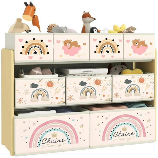 Yellow 3-tier kids storage unit with nine printed non-woven fabric boxes, open shelves
