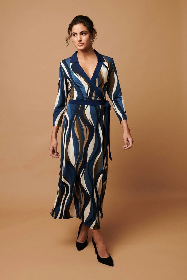Blue | Striped 3/4 Sleeve Midi Wrap Dress
