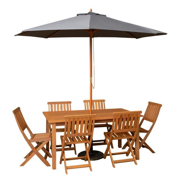 Samuel Alexander Outdoor 6 Person Rectangular Wooden Garden Patio Dining Table Chairs with Grey Parasol and Base Set