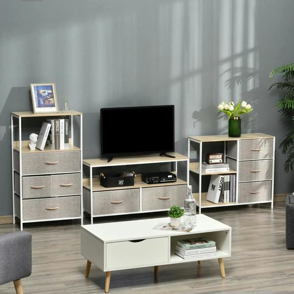 Storage cabinet set with grey fabric drawers and open shelves, light wood top, white frame