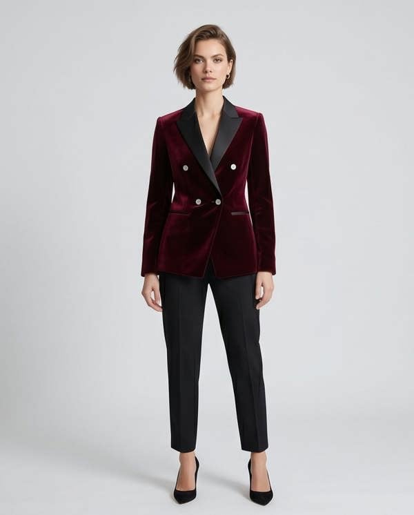 Woman wearing a burgundy velvet blazer with black lapels and matching pants on a light gray background