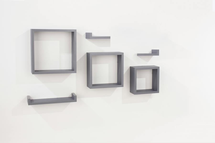 Core Products 6-Piece Hudson Floating Grey Wall Shelf kit, 3 Cube & 3 Display Shelves