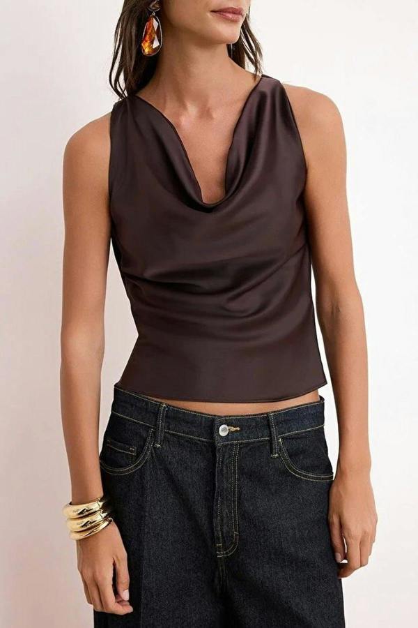 WOVCOR Plain V-Neck Sleeveless Woven Satin Blouse