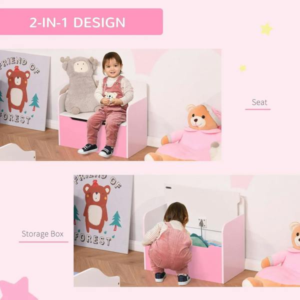 Pink kids wooden toy box bench with open storage compartment and seated use.