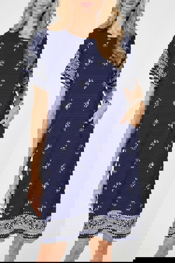 Navy | Border Print Knee Length Shift Dress
