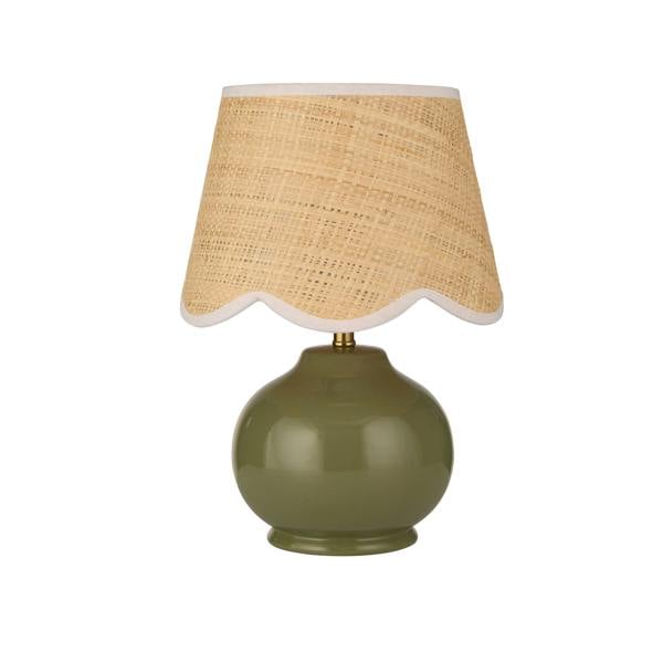 Lighting Collection GREEN CERAMIC TABLE LAMP WITH SCALLOP CANE SHADE