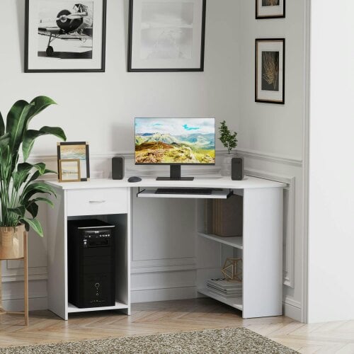 Wyld Haus Bavise 120cm Wooden White L Shaped Corner Desk With Keyboard Tray Drawers