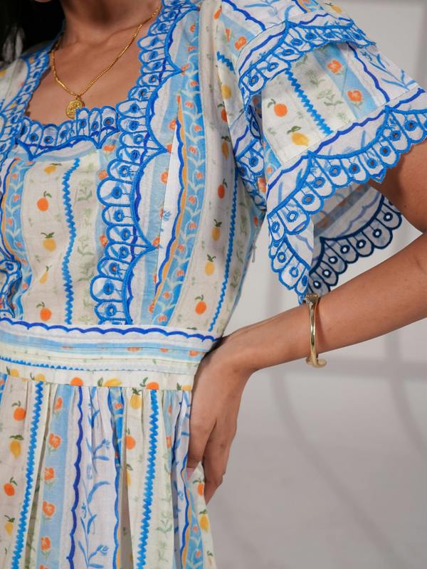 Rose & Nancy Bella Blue and White Ditsy Print Embroidered Midi Dress