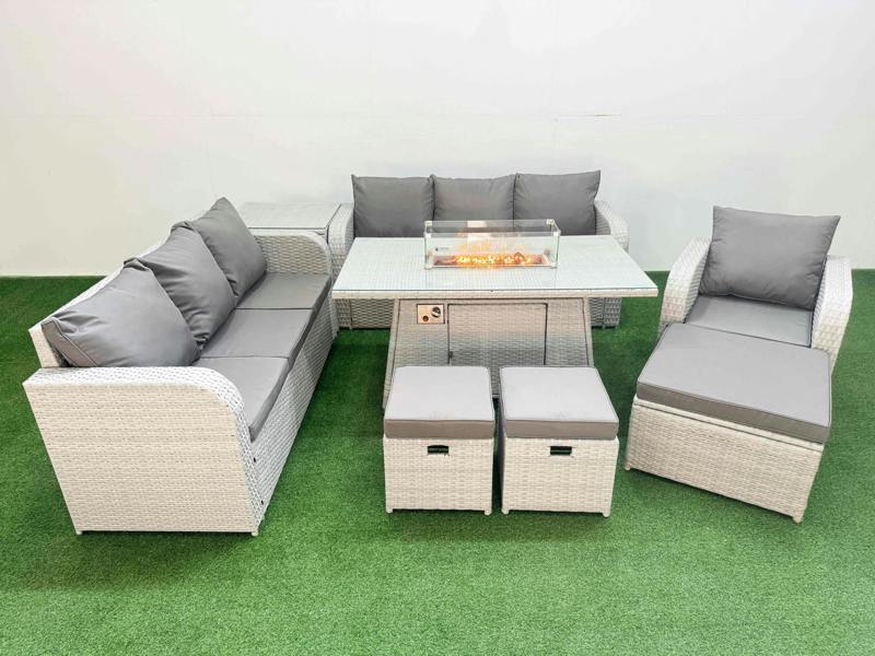 Fimous 10 Seater Poly Rattan Garden Furniture Patio Set, Firepit Table, 2x 3 Seater Sofas, Reclining Chair, 3 Stools, Side Table, Light Grey