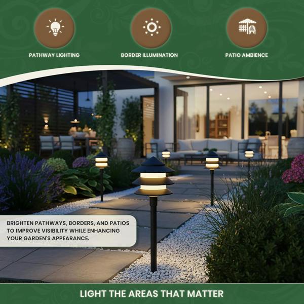 Garden Lights Set of 10 – Low Voltage Pagoda Pathway Lights with 30m Cable, Transformer & Ground Spikes
