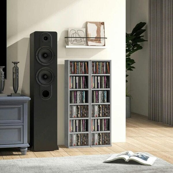 Bobobiy Set of 2 CD Media Display Shelf Unit Tower Rack with Adjustable Shelves, High Gloss Grey - High Gloss Grey