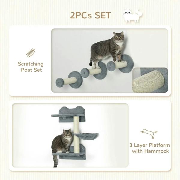 Grey wall-mounted cat tree set with wall shelves, scratching posts, and 3-layer platform hammock