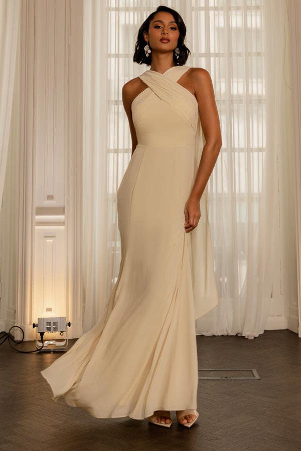 Cross Front Scarf Back Chiffon Mermaid Maxi Dress - Butter Yellow DR4831