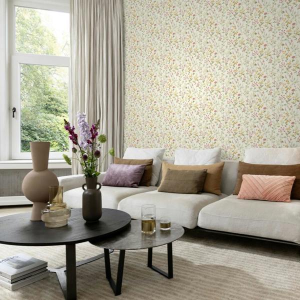 Rasch x Tesa Daisy Scattered Wildflowers Floral Self-Adhesive Peel & Stick Textured Wallpaper, Cream
