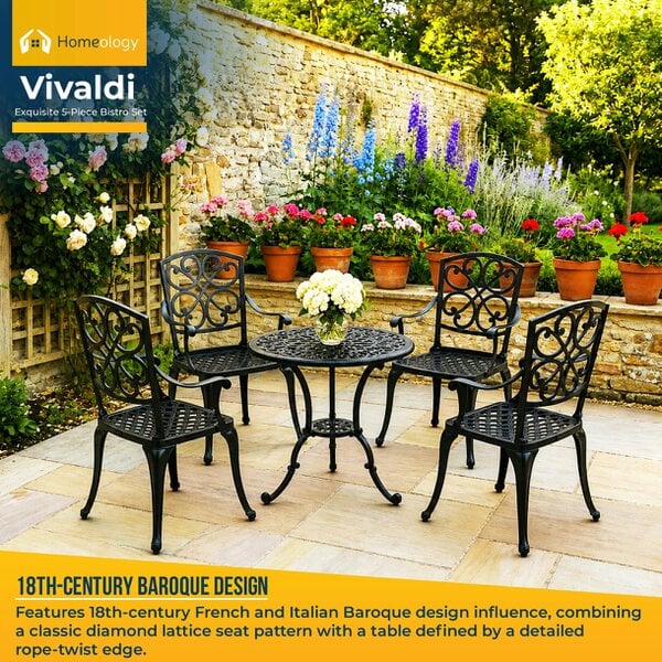 Homeology VIVALDI Black 5-Piece Cast Aluminium Garden Bistro Set- Rust-Proof Round Table with Parasol Hole & 4 Large Armchairs- Baroque Design