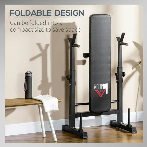 Black foldable weight bench with upright rack and padded bench