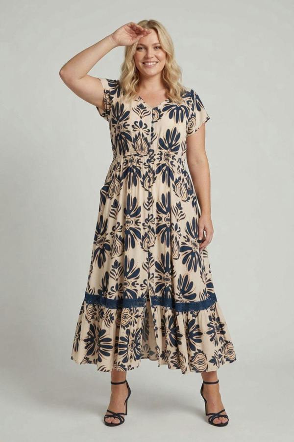 Navy | Curve Printed Lace Cap Sleeve Maxi Dress