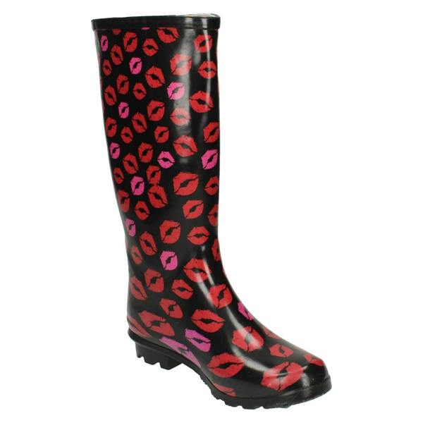 Spot On Ladies Spot On Printed Lips Wellington Boots
