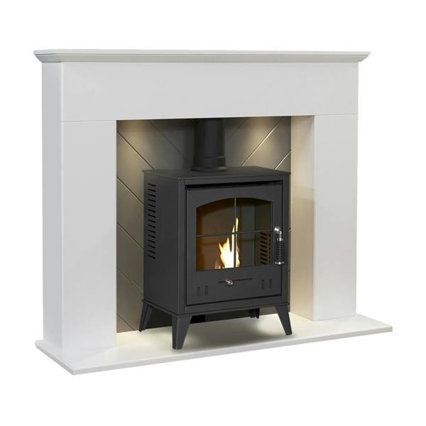 Adam Corinth Stove Fireplace in Pure White & Grey with Downlights & OKO S2 Bio Ethanol Stove in Charcoal Grey, 48 Inch