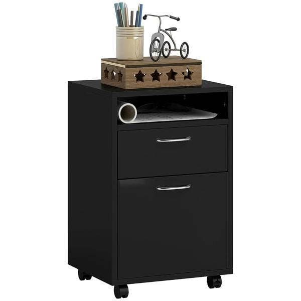 Black mobile filing cabinet with open shelf, two drawers, and curved metal handles
