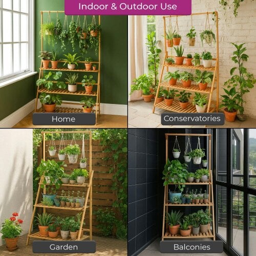 Neo 3‑Tier Foldable Bamboo Plant Stand with Hanging Hook