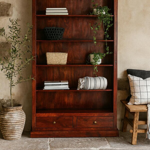 Wyld Haus Oxford Mahogany Mango Wood Bookcase 5 Shelves 2 Drawers