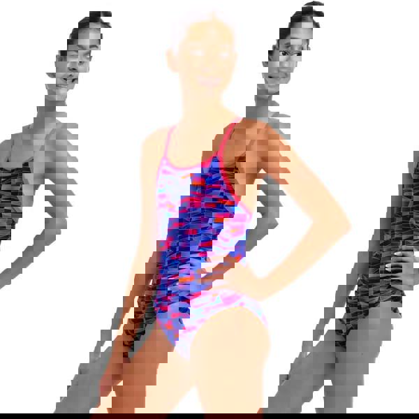 Funkita girls warped waves diamond back swimsuit in blue pink geometric pattern