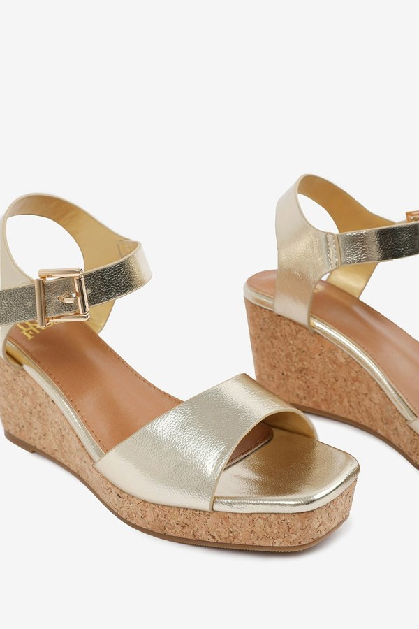 Where's That From Giselle  Wedge Sandals With Buckle Ankle Strap in Gold Grain Pu