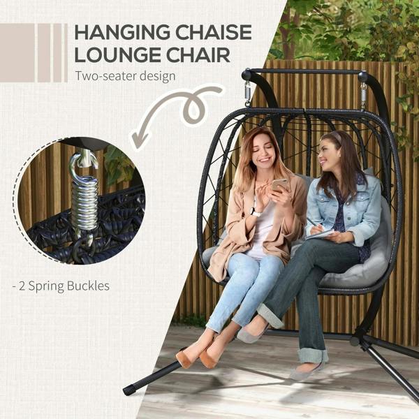 Outdoor hanging egg lounge chair with two-seat design, gray cushions, black frame