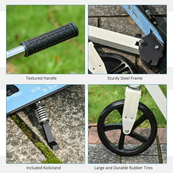 Blue kick scooter detail: textured handle, steel frame, kickstand, rubber tires