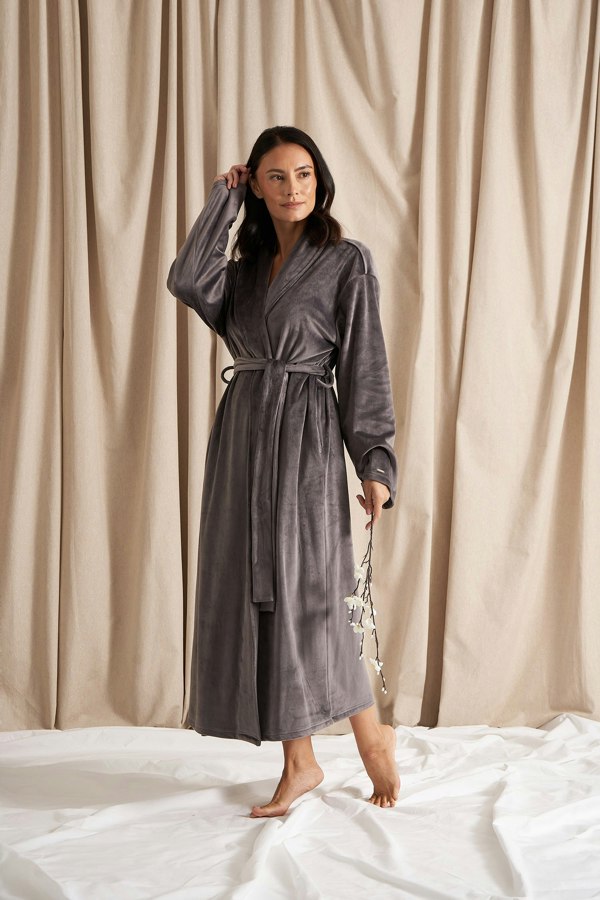 Pretty You London Velour Longline Robe in Raven