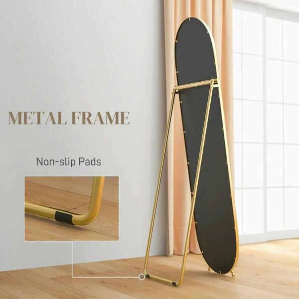 Gold-tone full-length two-way oval mirror with dark reflective glass and metal frame.