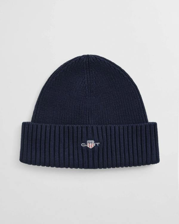 GANT Mens Cotton Blend Logo Beanie - 410 Marine | CHO | Designer Mens Beanies