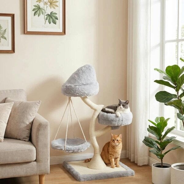 115 cm Modern Cat Tree Tower for Large Cats with Sisal Scratching Post, Holds 1 Cat up to 6kg, Machine-Washable Beds