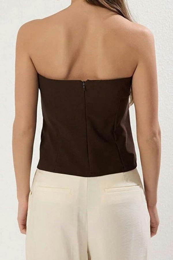 WOVCOR Strapless Fitted Woven Blouse with Thin Belt Detail