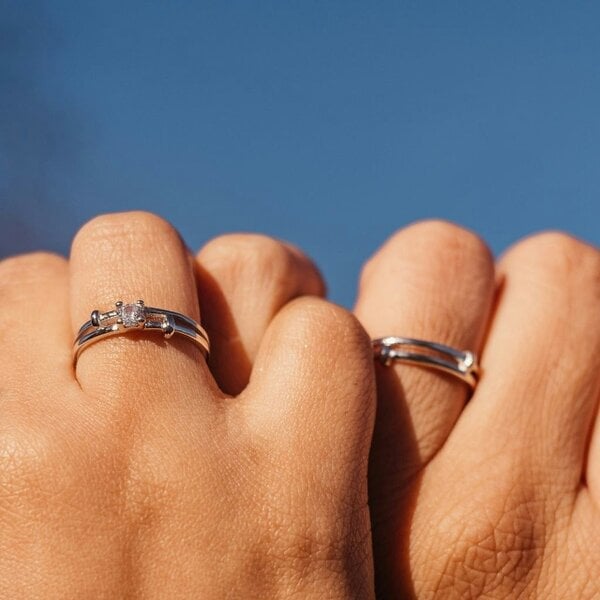 The Colourful Aura Adjustable Silver his and hers Zircon Promise Striped Ring set