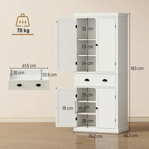 Tall Kitchen Cupboard, 183 cm Freestanding Storage Cabinet with Drawer, 4 Doors and Adjustable Shelves, White